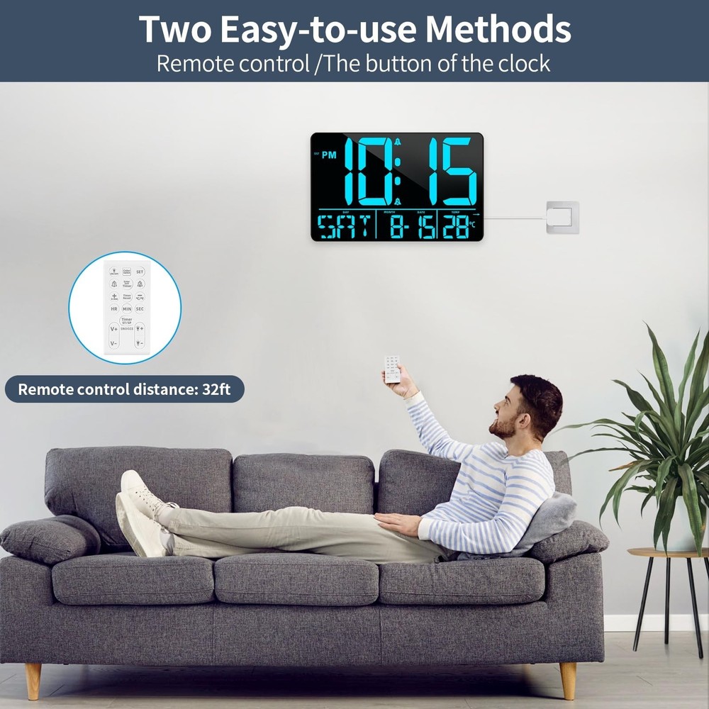 13" Digital Wall Clock Large Display with Remote, 25 Ringtones, Temperature, ...
