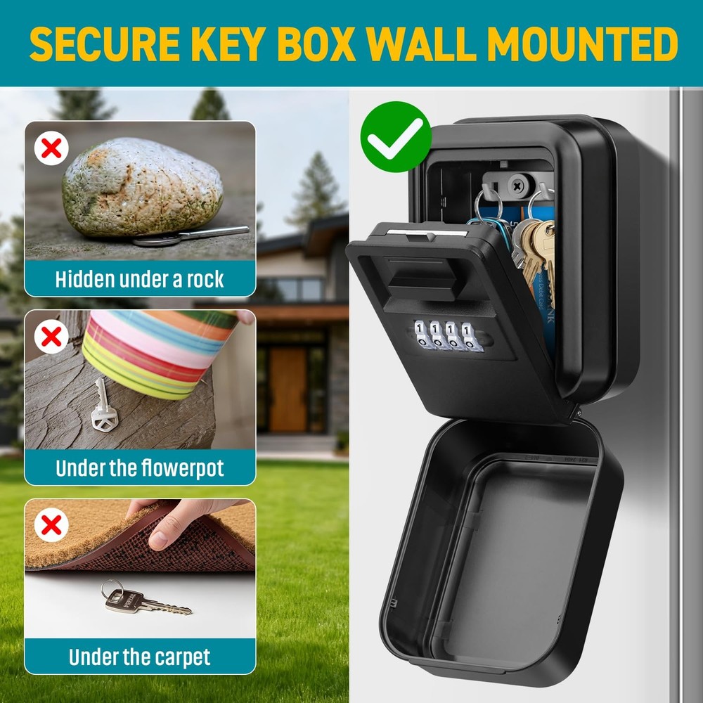 Key Lock Box, Waterproof Wall Mount Lock Box for Keys with Code, 4 Digit Comb...