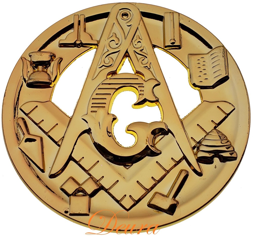 Masonic Master Mason Working Tools Square & Compass Round Gold Car Emblem 3"