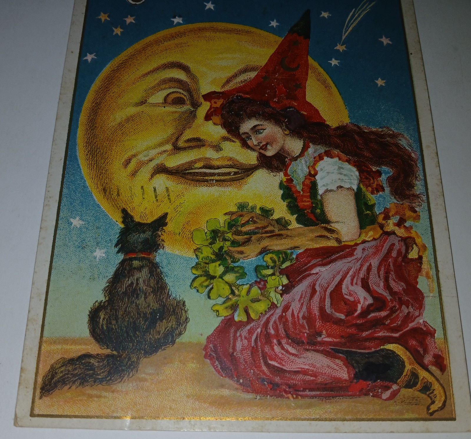 1920 Vintage Original Embossed Halloween Postcard Full Moon Pretty Witch & Cat