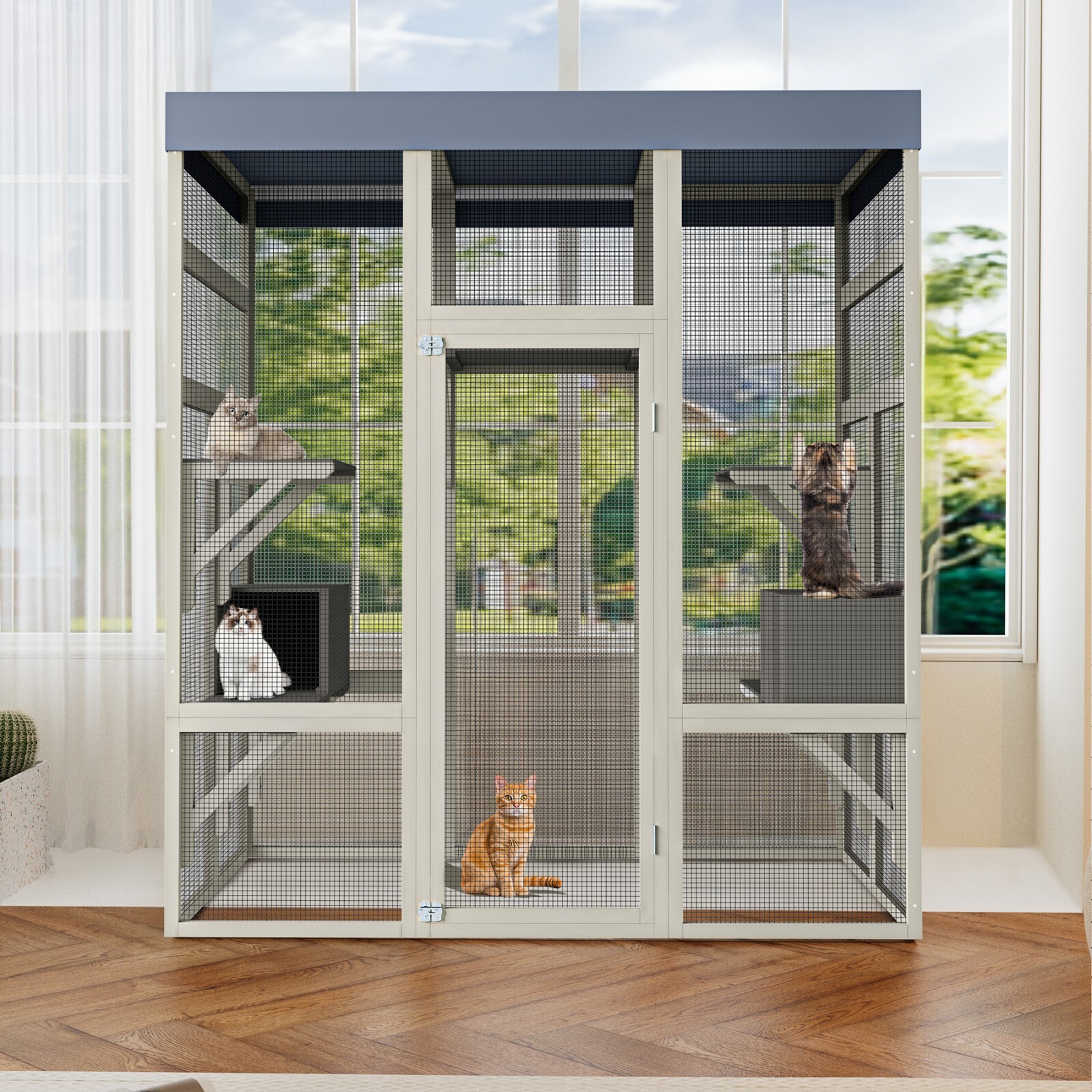 70.1" H Outdoor Cat House Enclosure Catio Wooden Large Cage Pet with Platforms