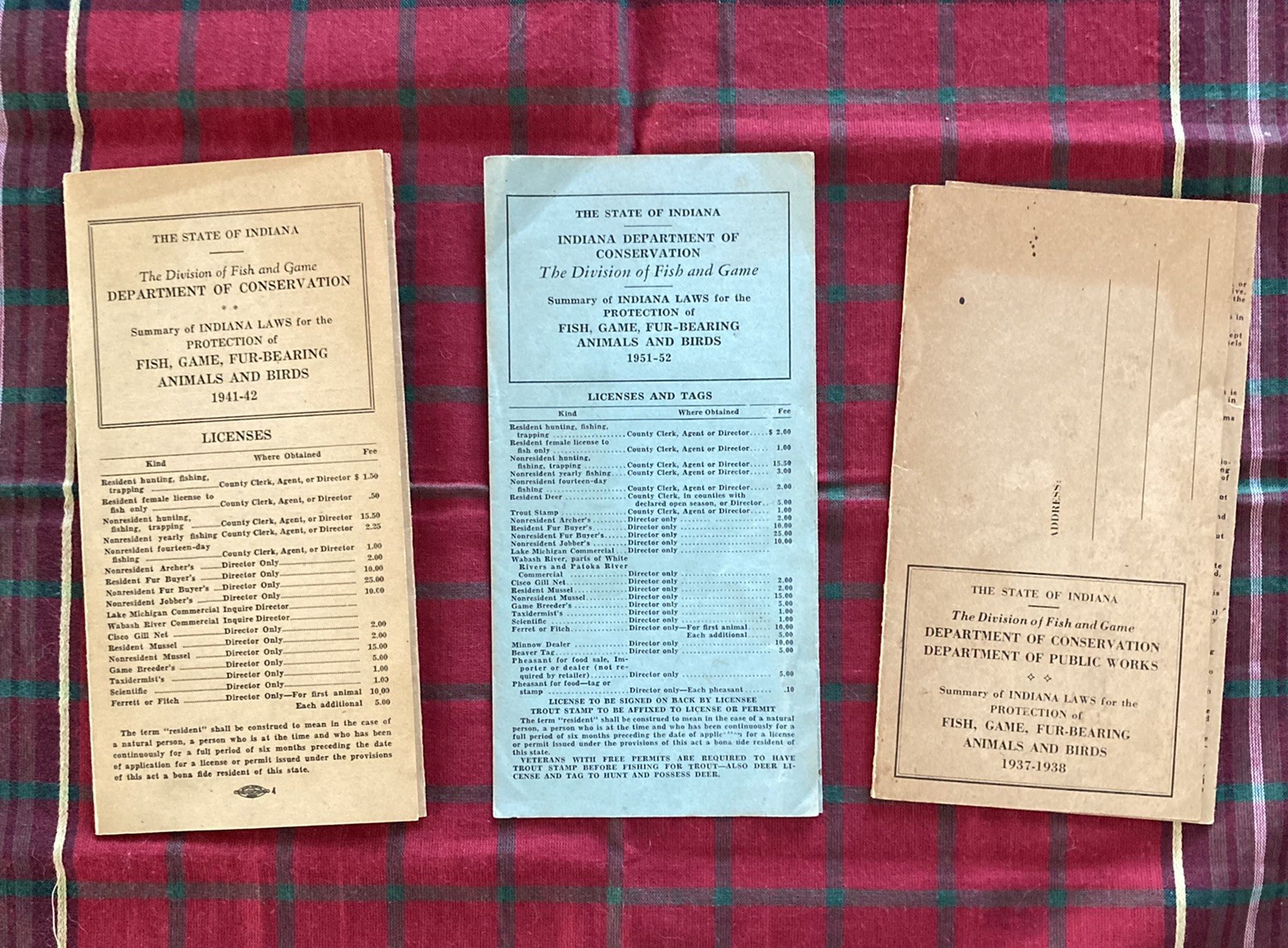 3 Vintage Indiana Department of Conservation Fish&Game Laws 1937-38,41-42,51-52