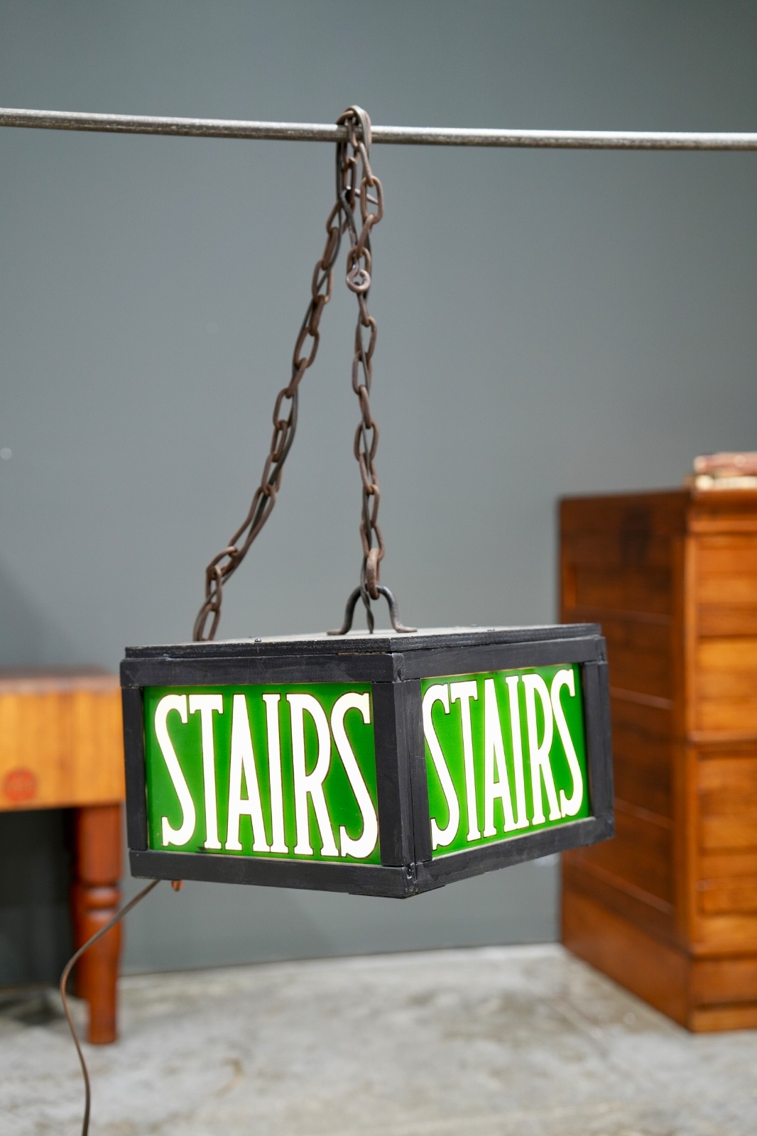 Vintage Stairs Lighted Sign Reverse Painted Glass Green Exit Light Stairway