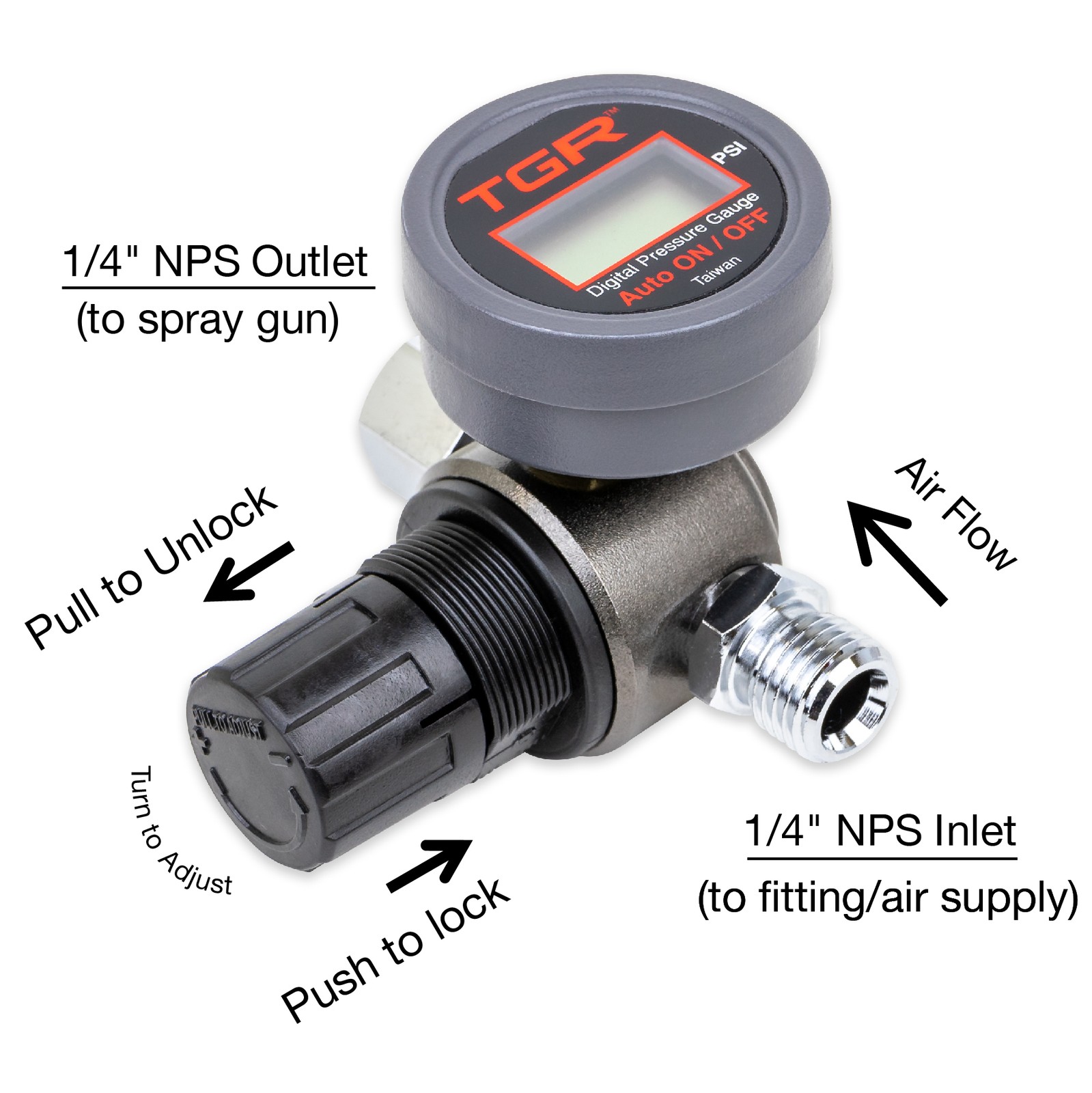 HVLP Spray Gun Air Regulator with Digital Pressure Gauge and Diaphragm Control