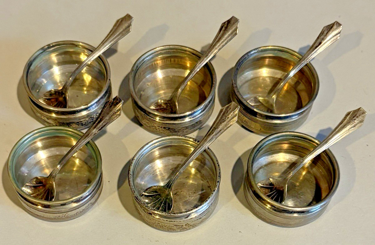 Set 6-ANTIQUE WEBSTER STERLING Open Salt Cellars /Shell Spoons-Orig Display Case