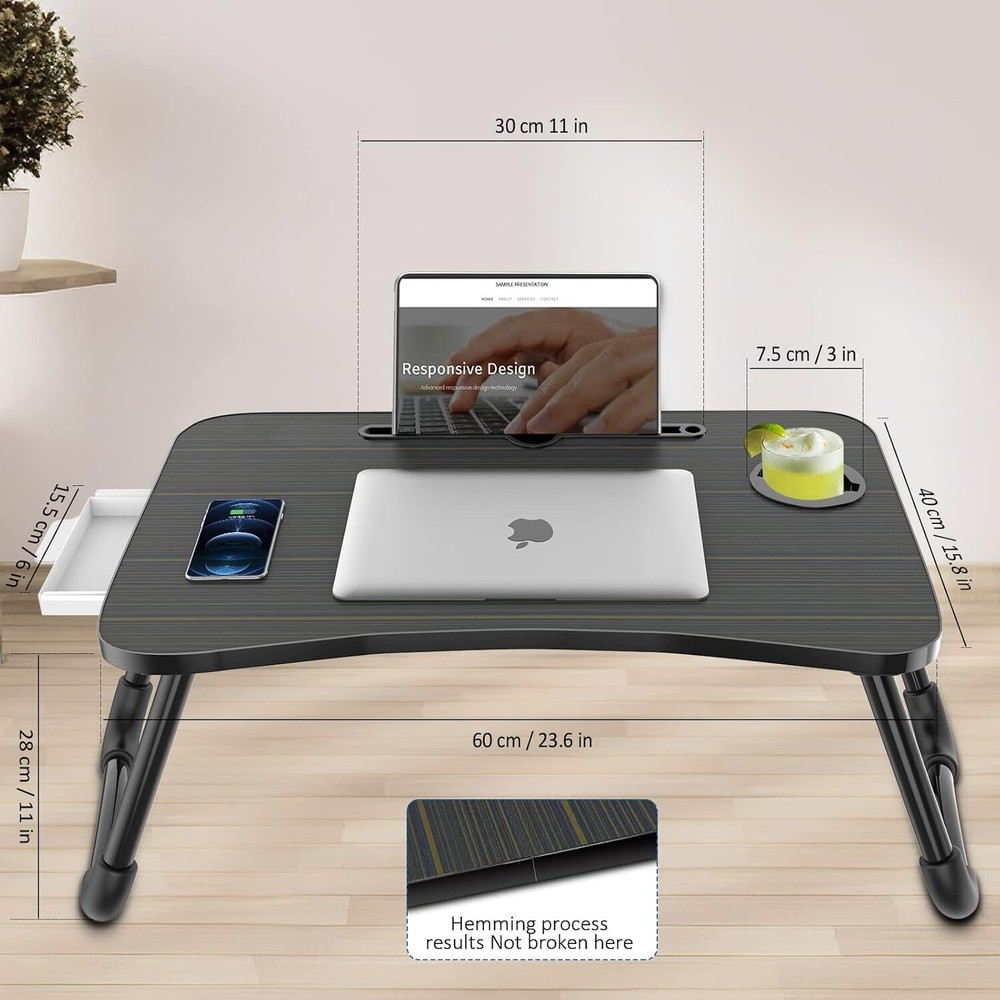 Foldable Laptop Table Lap Dining Table with Storage Drawers (Curved)