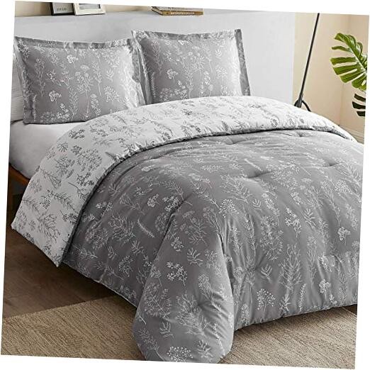 Bed Comforter Set - Reversible Floral White Bedding Comforter Set, Queen Grey