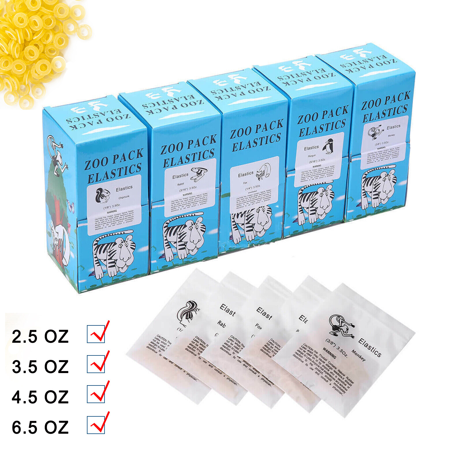 15 Sizes Dental Orthodontic Rubber Bands Elastics Latex Braces 3.5 /5.0 /6.5 oz