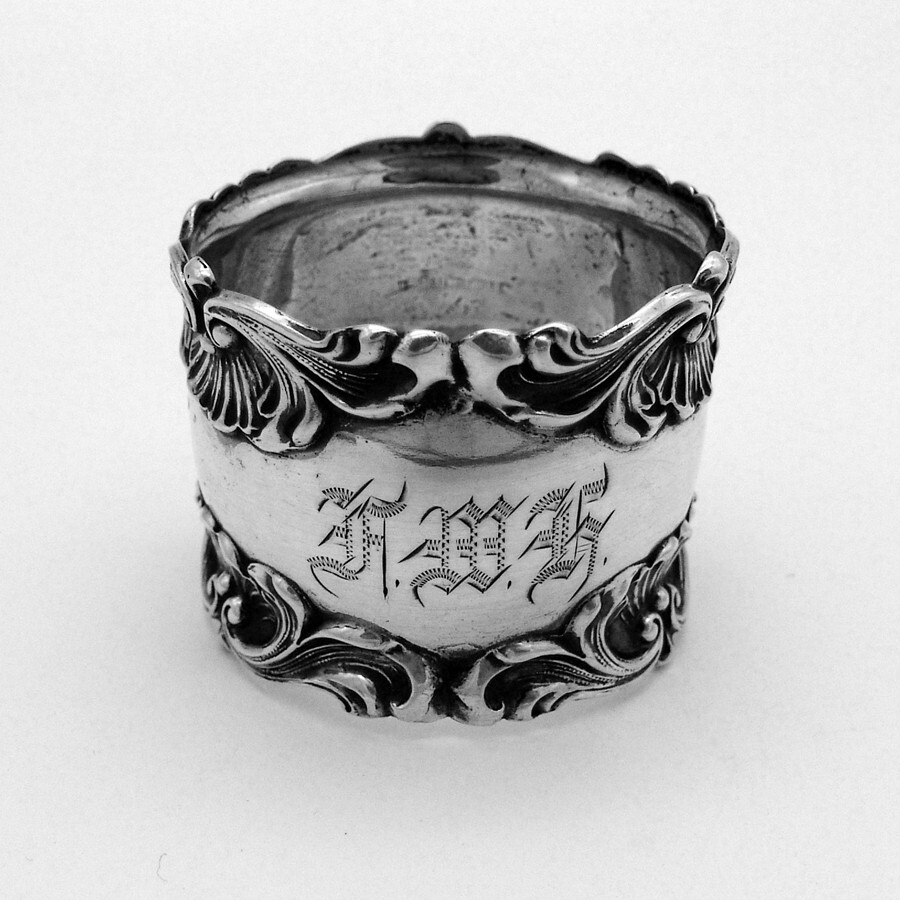 Shell Scroll Border Napkin Ring Sterling Silver Mono AWH