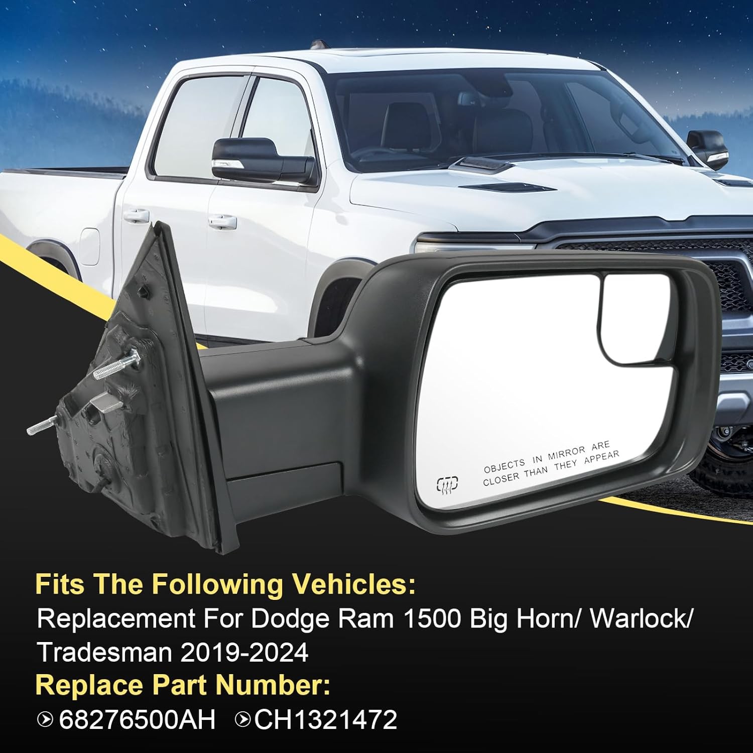 Heated Mirror w/Power Fold Signal Light Right For 2019-2024 Ram 1500 68276500AH