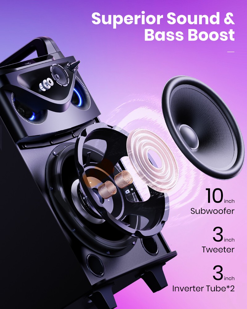 Moukey Portable Party Speaker Bluetooth Singing Machine With 2Pcs Wireless Mics