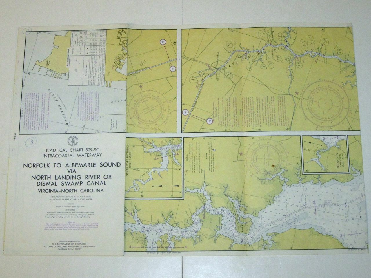 Vintage 1973 Nautical Chart 829-SC NORFOLK to ALBEMARLE Sound VA-NC!