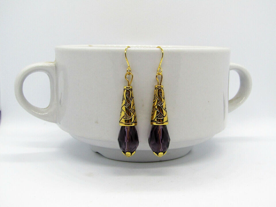 Purple Amethyst Teardrop Crystal GOLD Dangle Earrings, Handcrafted