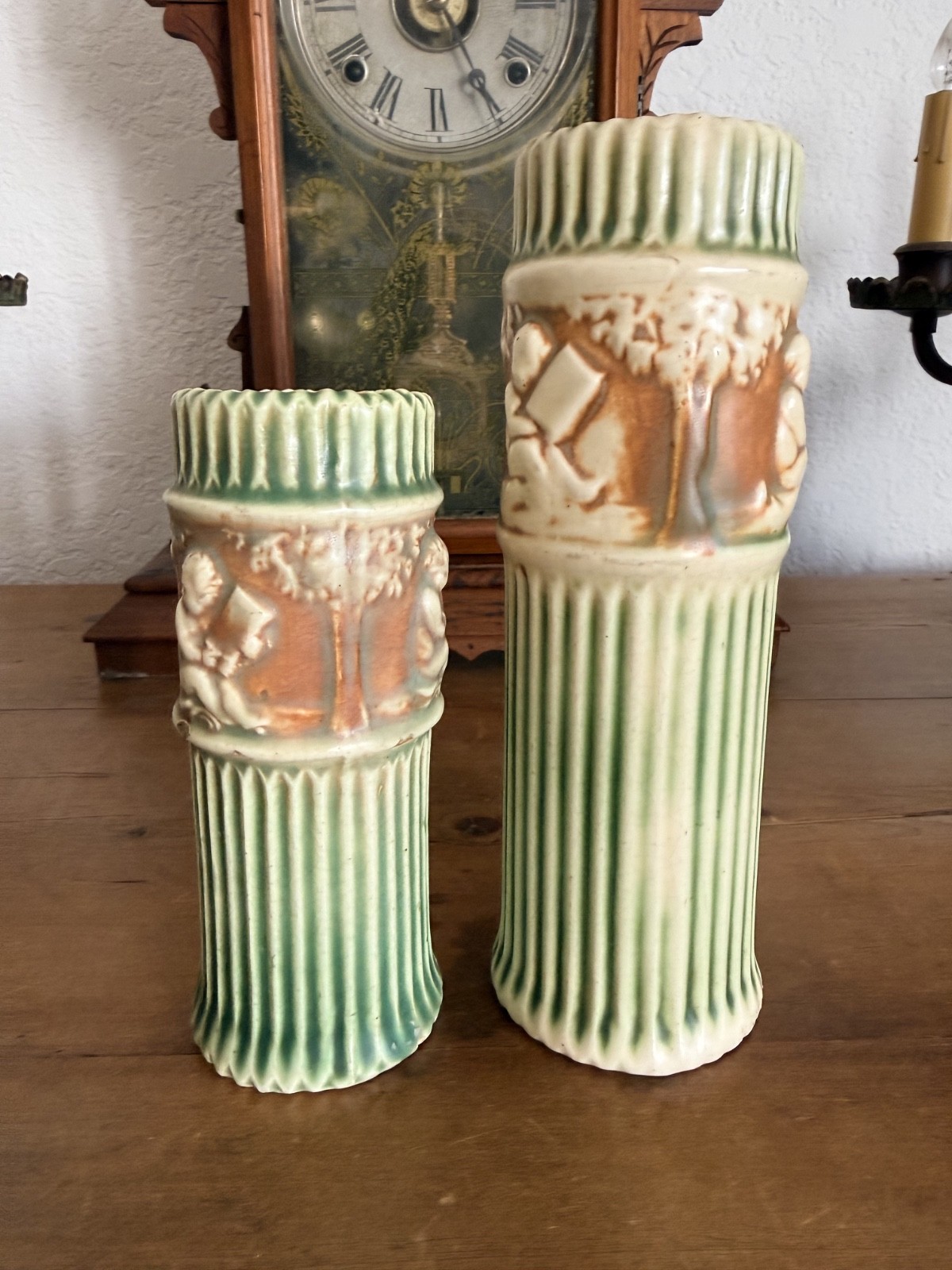 Pair Antique Roseville Donatello Cherub Bud Vases Green Art Pottery 1916