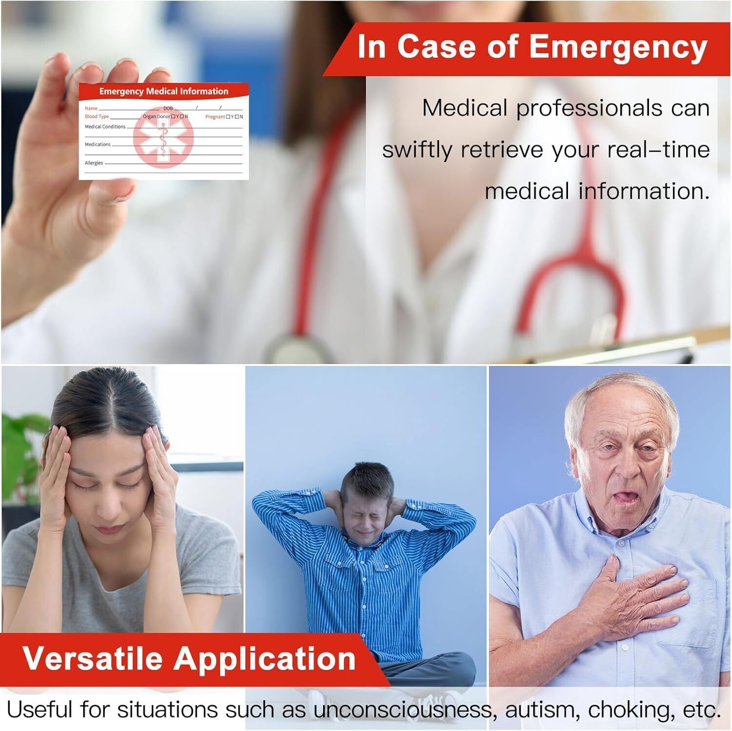 10 Pcs Emergency Medical Information ID Card Medical Alert Card for Wallet Phone