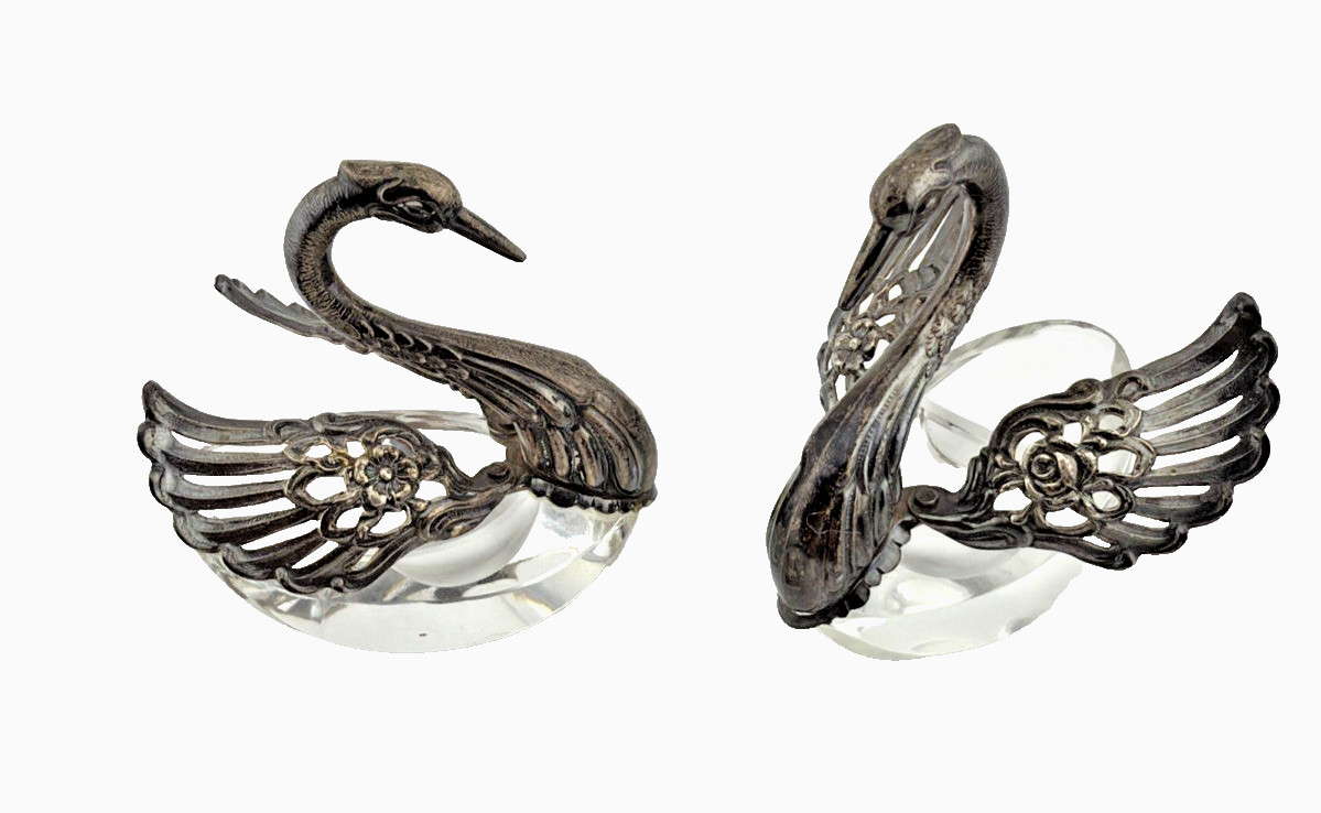 Pair Vintage Sterling Silver and Glass Table Salt Swans R Sterling West Germany