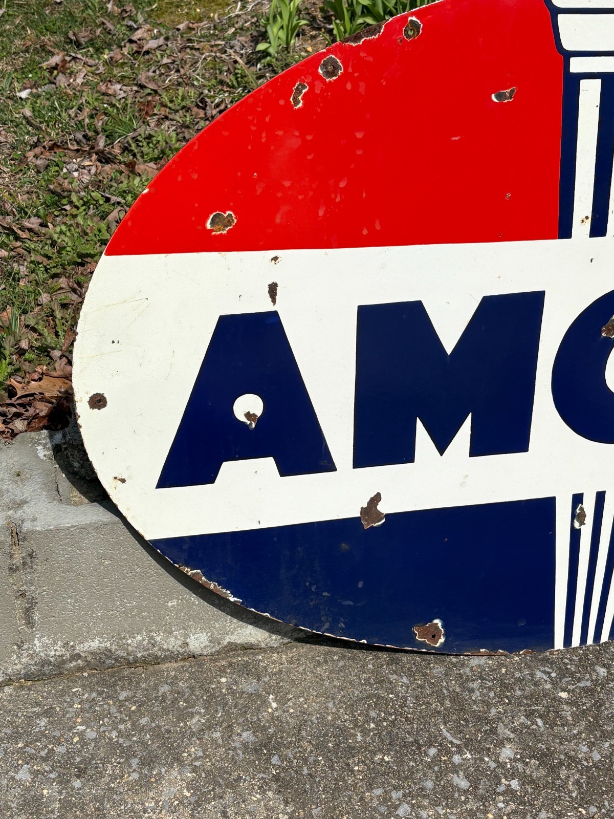 ORIGINAL 1950's "AMOCO GASOLINE" LARGE DOUBLE SIDED PORCELAIN DEALER SIGN, NICE