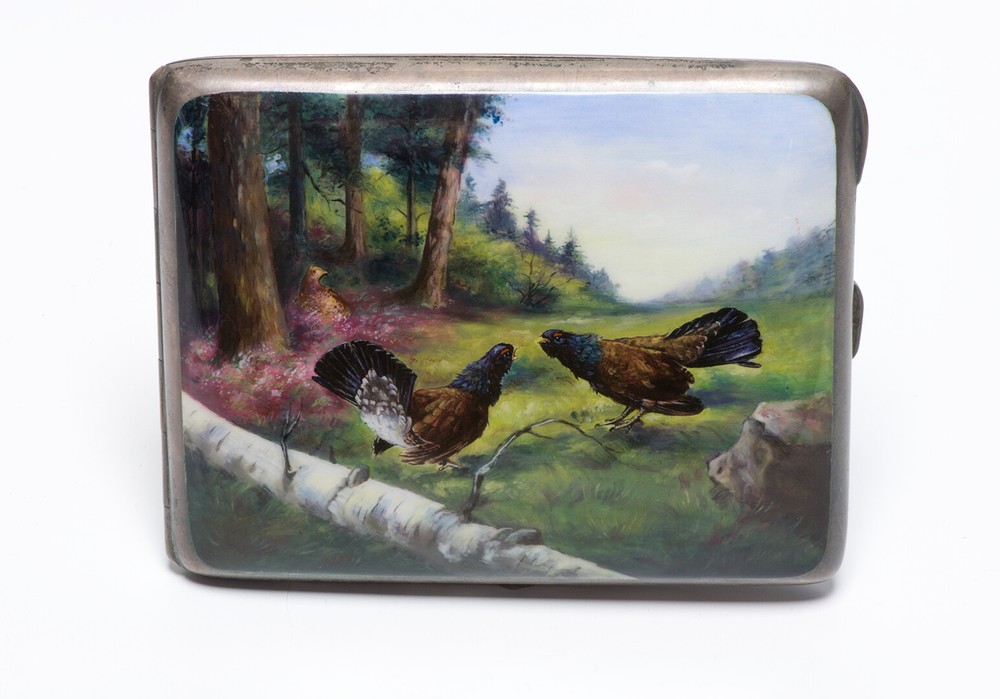 Antique Silver Enamel Rooster Fight Cigarette Case