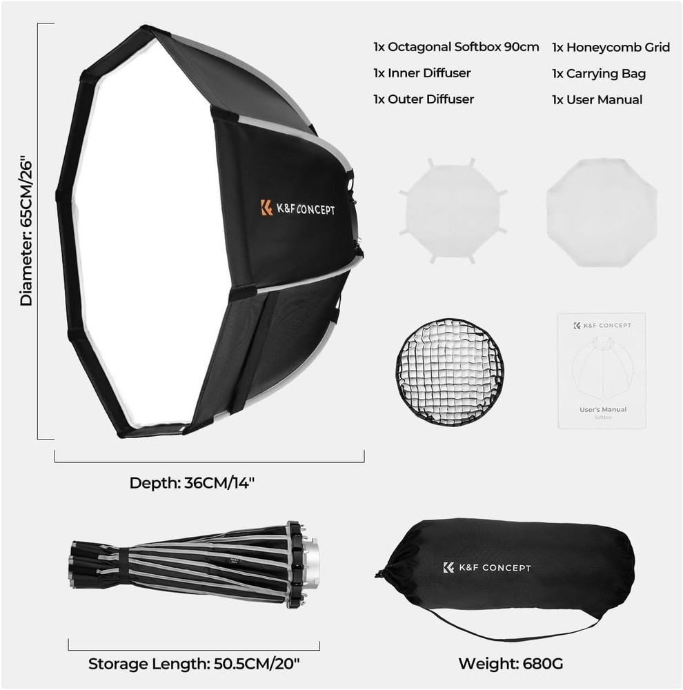 35''/90cm Octagonal Softbox, Quick Release Bowens Mount Softbox with Honeycom...