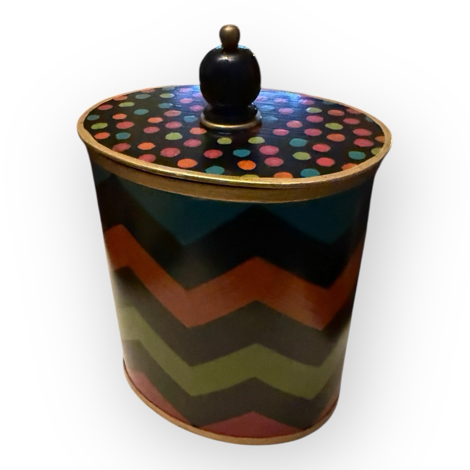 Mackenzie-Childs Trampoline Boutique Cotton Box & Lid Zig Zag Polka Dots 7.5”x5”