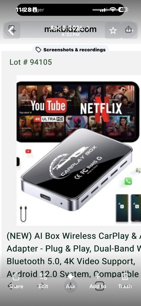 (NEW) AI Wireless Car-Adaptar-Play&Plug Duel-Band Bluetooth 5.0 4K V Android 12