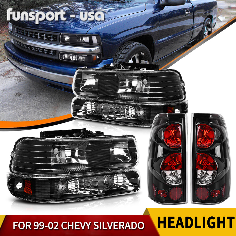 Headlights w/ Bumper Lights + Tail Lights Set for 1999-2002 Silverado 1500/2500