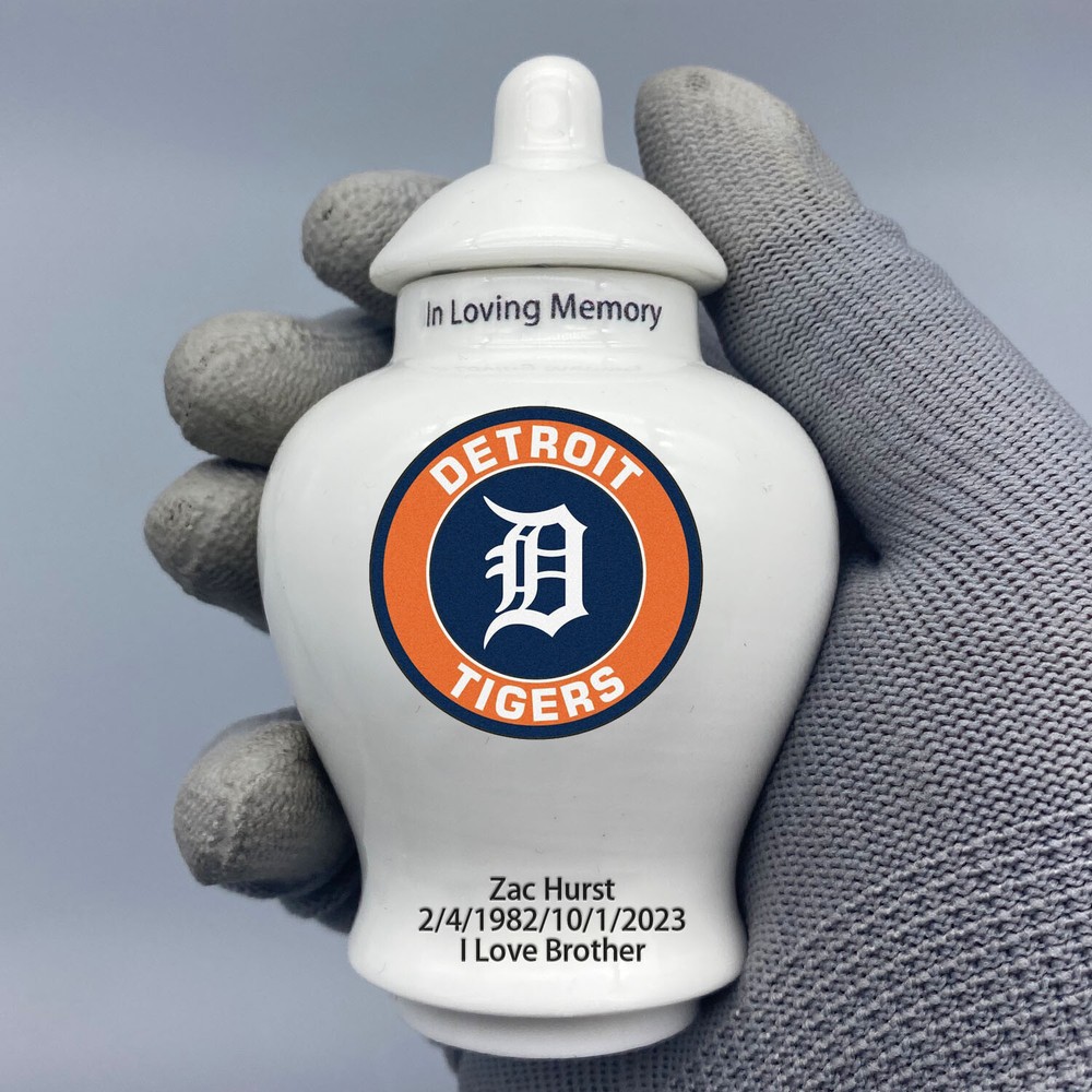 Ceramic Mini Urn for Detroit Tigers Baseball Theme, Custom Text & Number