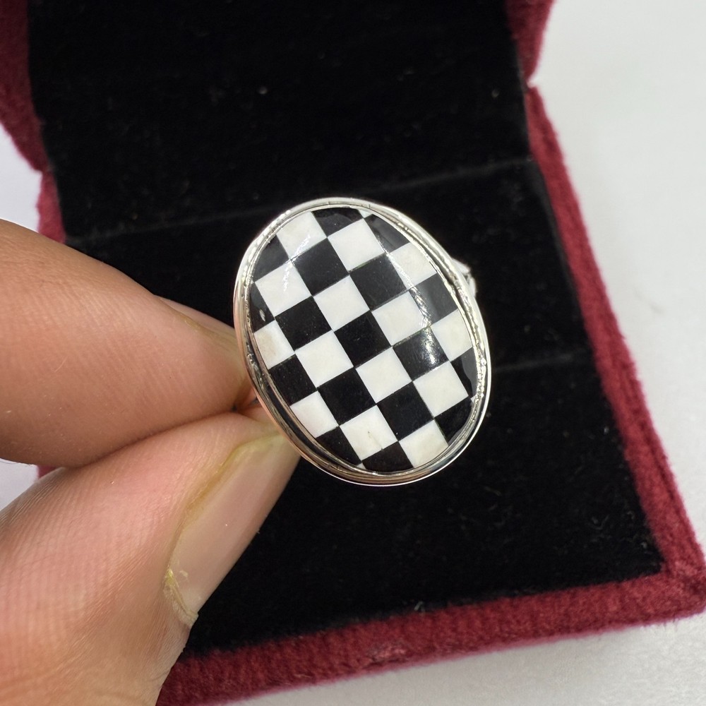 Black Onyx Checkered Silver Ring Opal Checker 925 Sterling Silver Ring