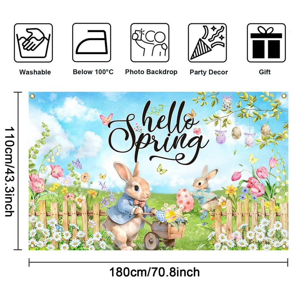 Hello Spring Backdrop Easter Party Banner Greenery Spring Festival Easter Pho...