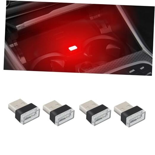 4PCS USB LED Car Interior Atmosphere Lamp, Plug-in USB Decor Night Light, Red