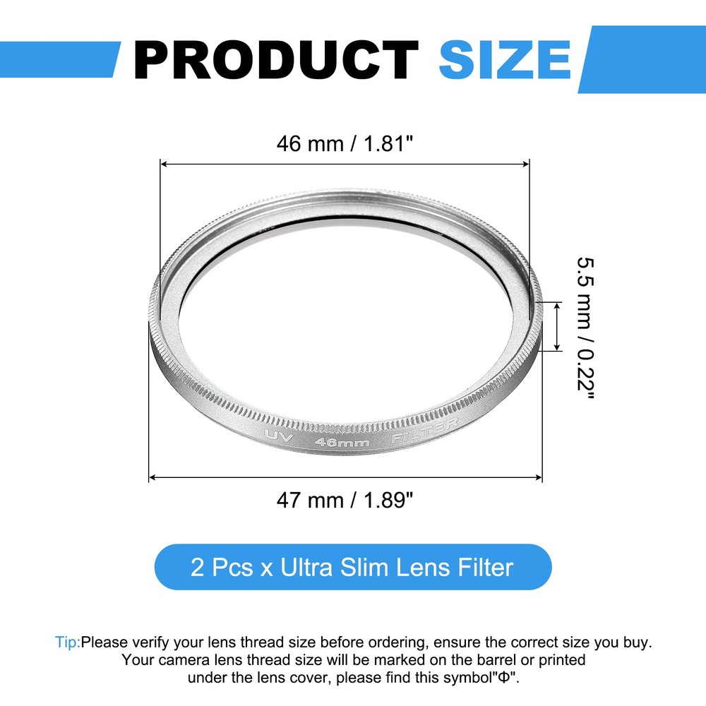 2Pcs 46mm Ultra Slim Lens Filter Multi Coating Camera Len Filter, Silver