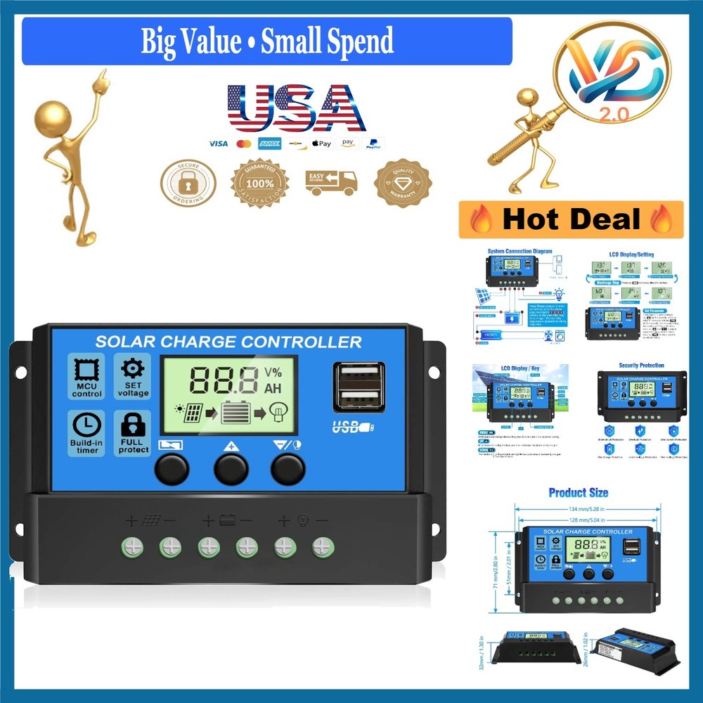 Upgraded 30A Solar Charge Controller 12V/24V LCD USB PWM Auto Timer