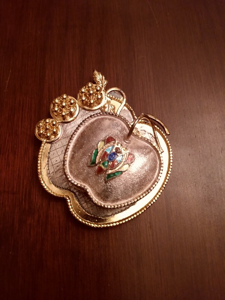 SOLID SILVER HINGED APPLE BOX ON ATTACHED TRAY ENAMEL BUTTERFLY GILT ACCENT