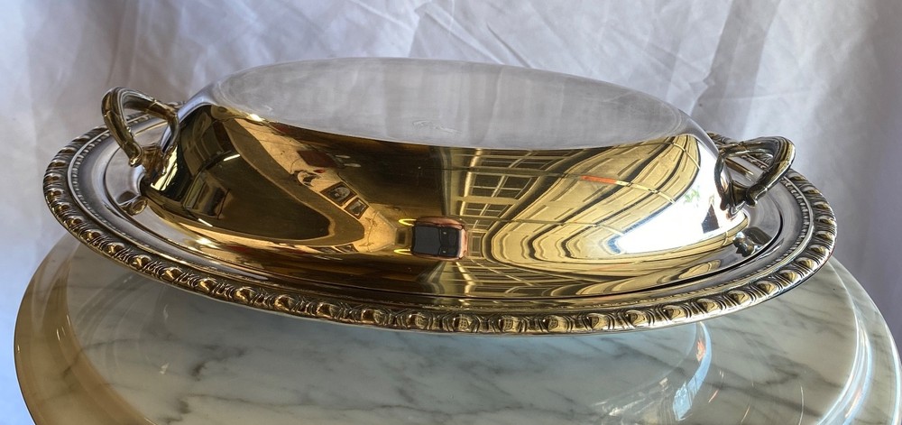Oval Silverplate Covered Serving Dish Handles Beaded Edge