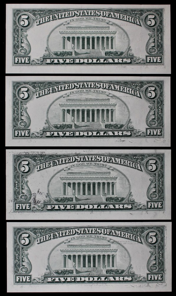 Four consecutive INKING ERRORS $5 1993 Gem CU B78835448-51A five dollar, NY B2