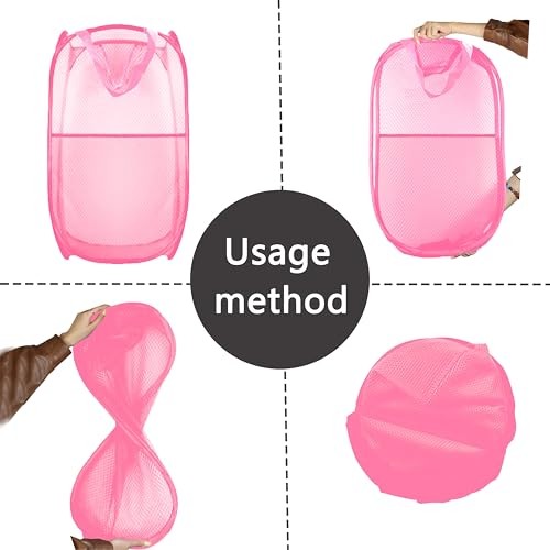 Collapsible Pop Up Laundry Hamper, Extra Large Mesh Foldable 2P Black+Pink