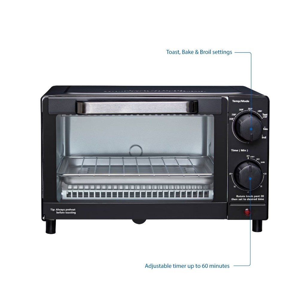 4-Slice Toaster Oven with Bake Function, Includes Baking Rack and Pan, Black,