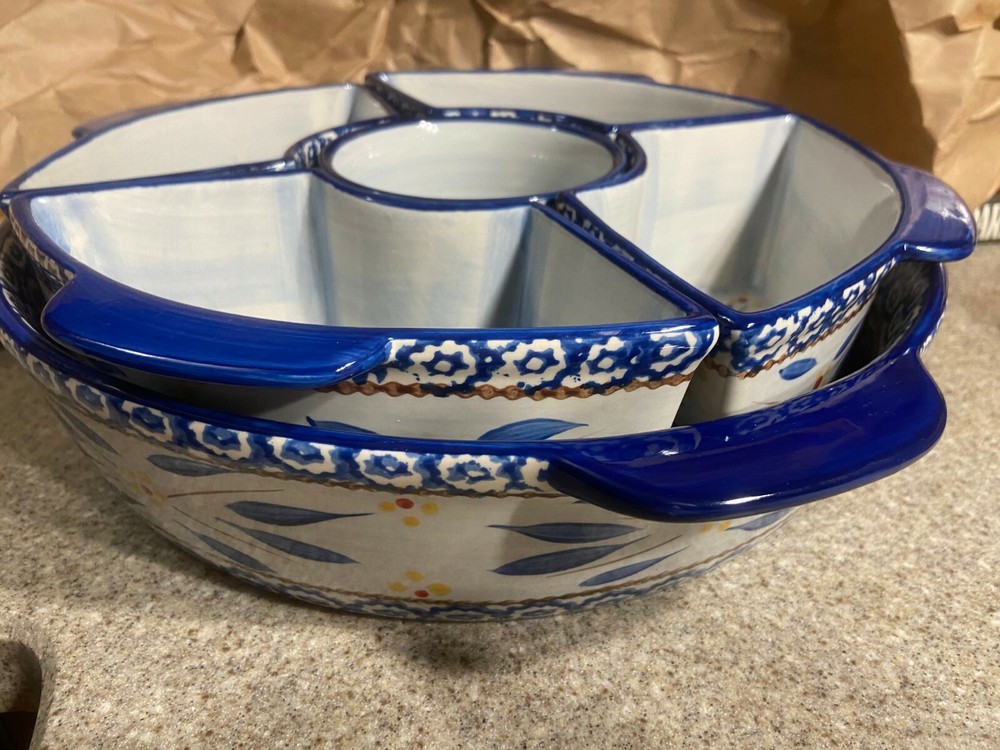 Set 6 Pc Temp-Tations Old World Blue Set Baker Dish Platter Dip Separated Tray