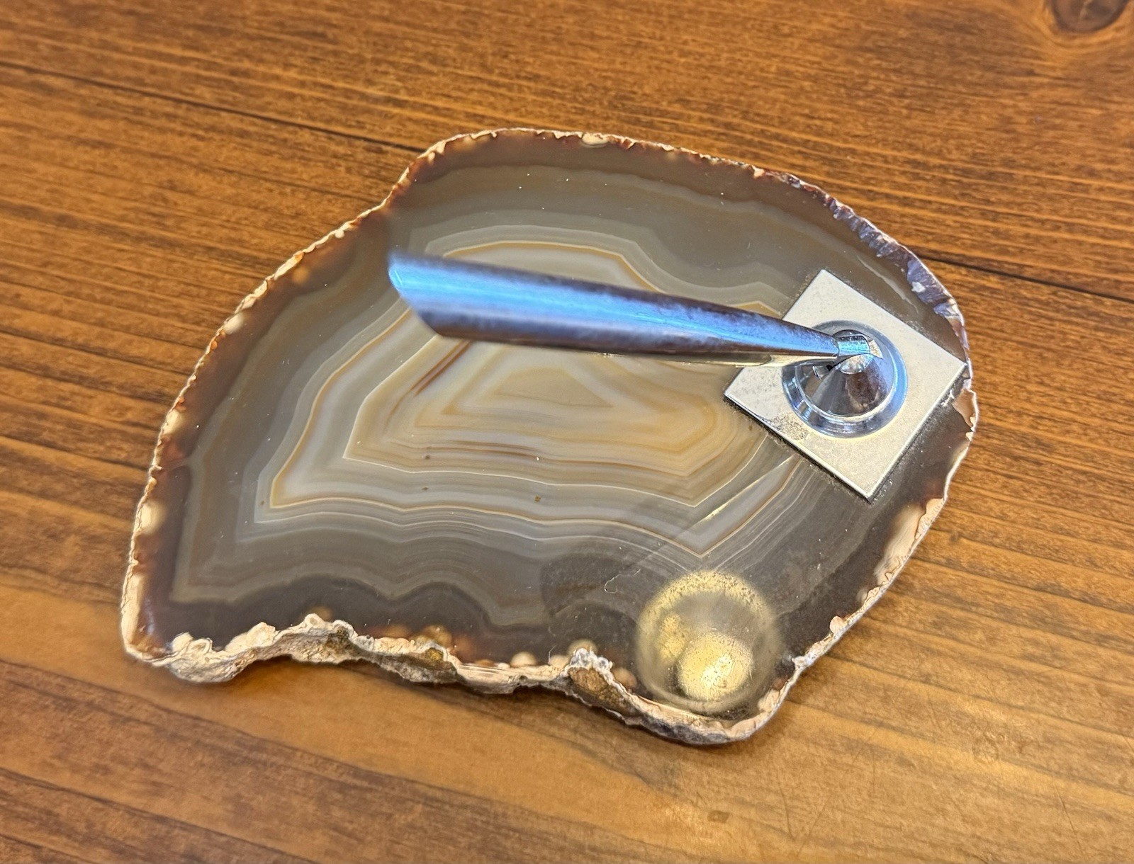 Vtg Polished Agate Slice W/Layers Desk Pen Holder W/Felt Bottom Rock Rimmed GC