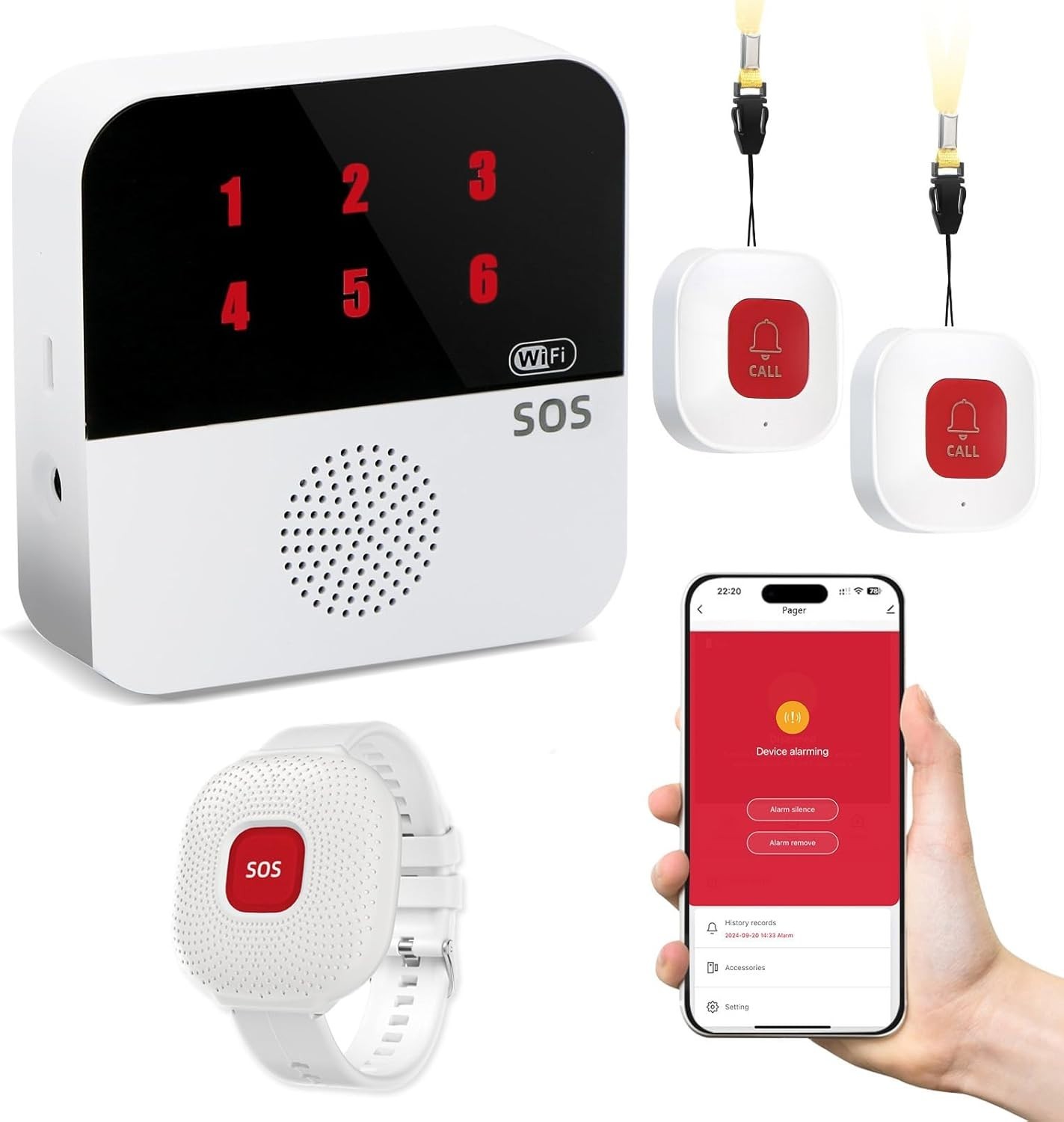 Wireless Caregiver Pager Life Alert System for Seniors No Monthly Fee, Wi-Fi APP