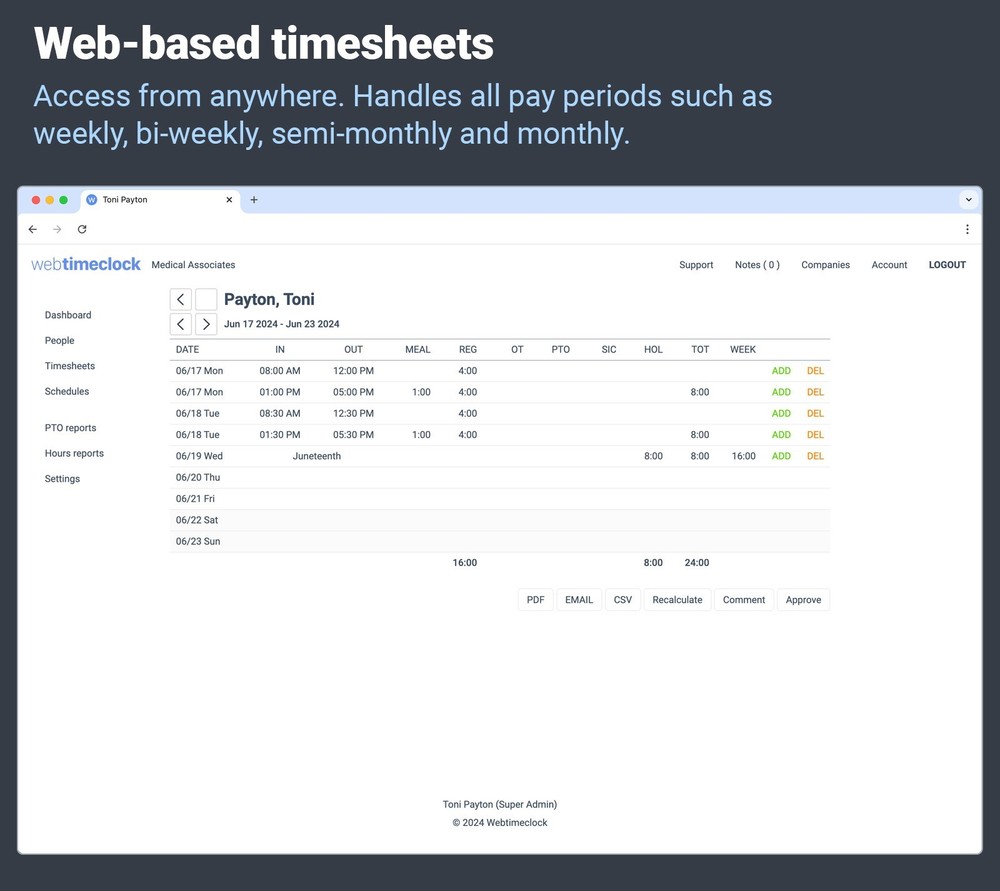 Compumatic PIN + RFID Time Clock, Ethernet WiFi Web Based Cloud Hosted Real-Time