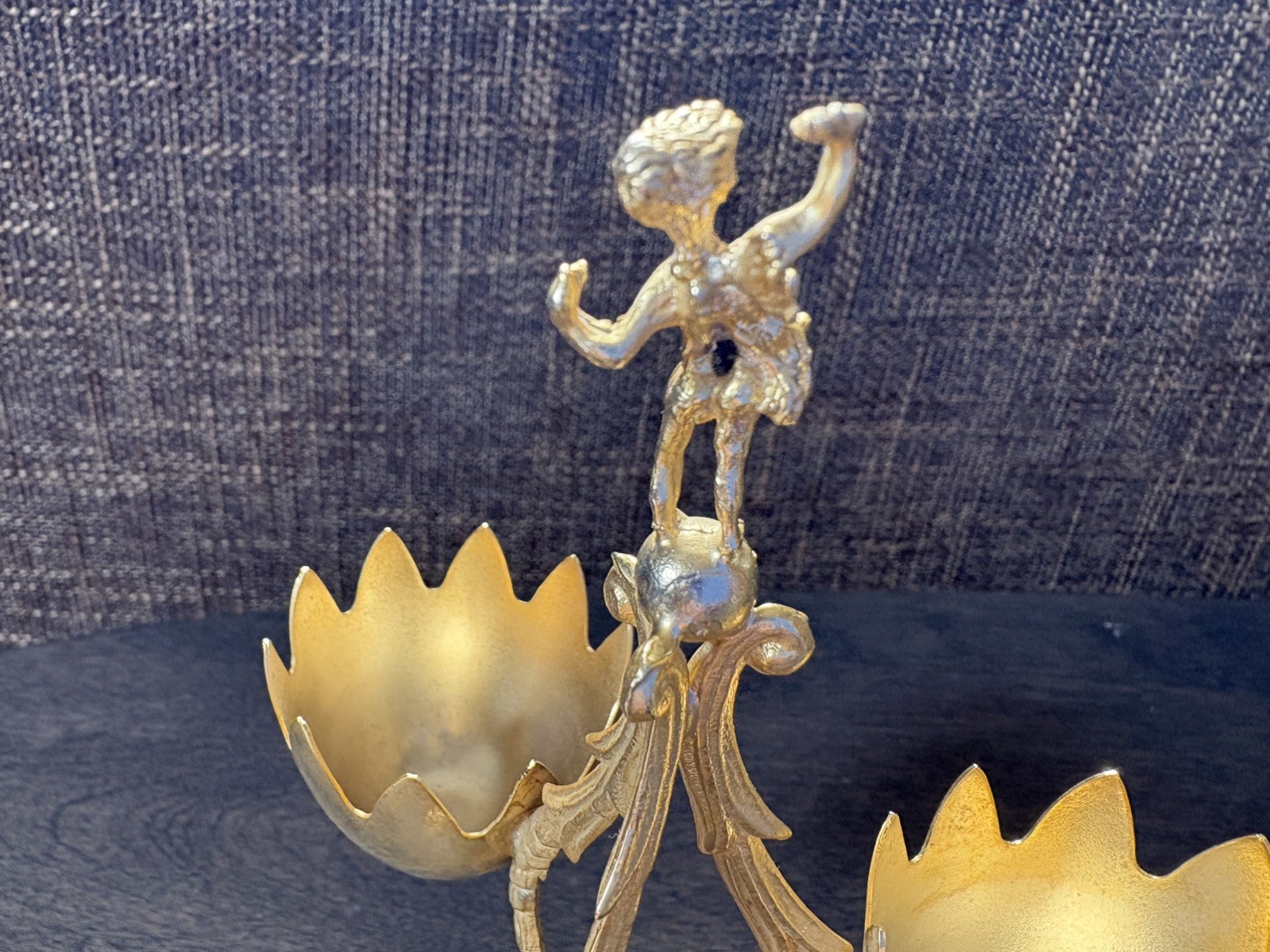 Vintage Italian Brass Egg Cup Holder Display Set with Cherub Figural