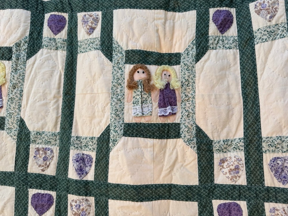 Handmade Patchwork Quilt two girlfriends Pattern Green Cotton