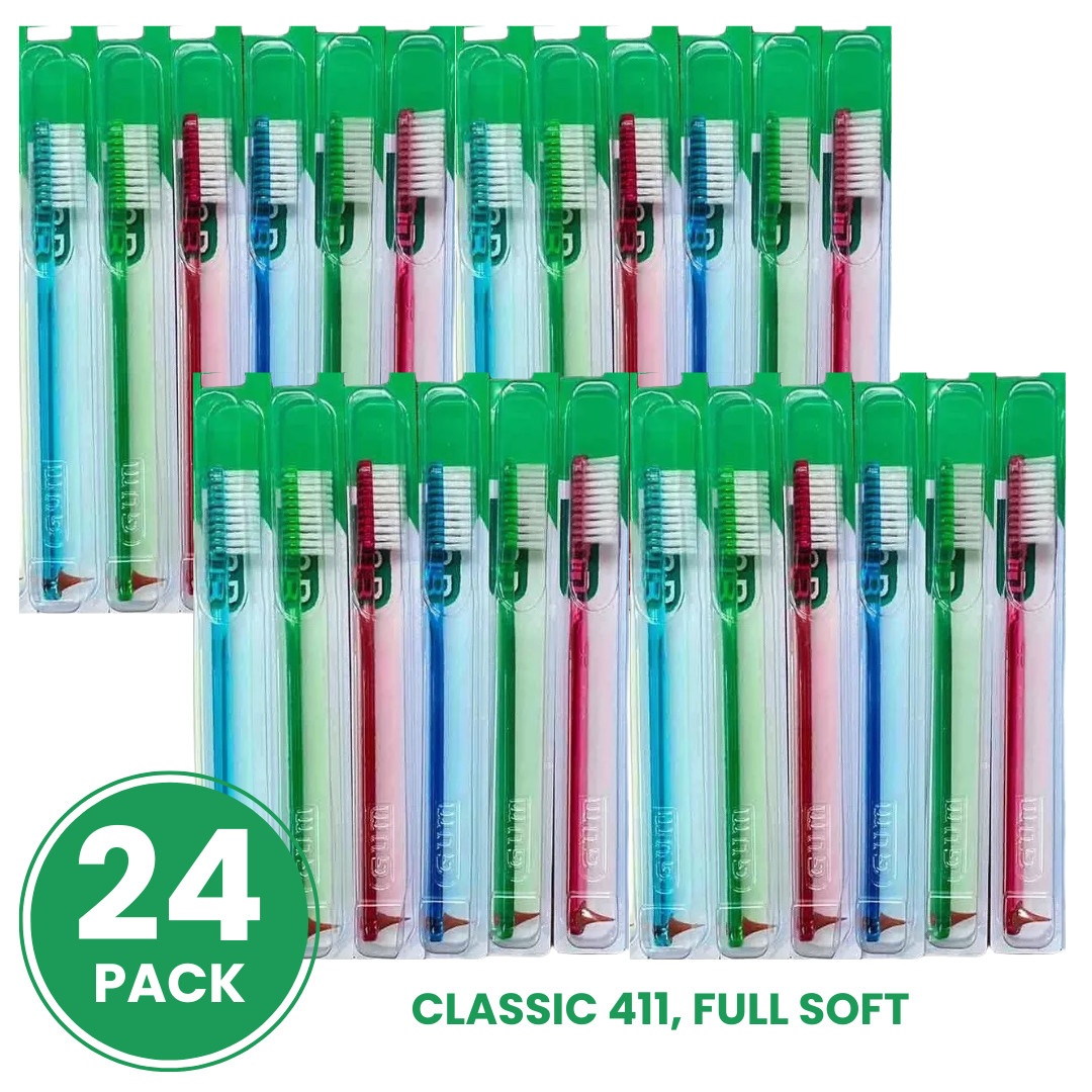 24-Pack GUM 411 Classic Full-Size Toothbrushes - Soft Bristles Gentle Cleaning