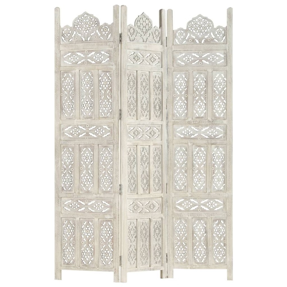 Hand carved 3-Panel Room Divider White 47.2"x65" Solid Mango Wood