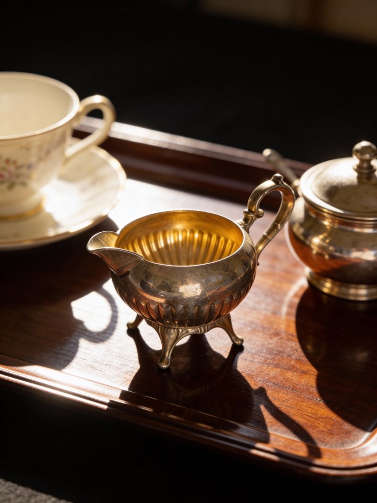 A silver-plated Wm. A. Rogers footed creamer pitcher with fluted body.