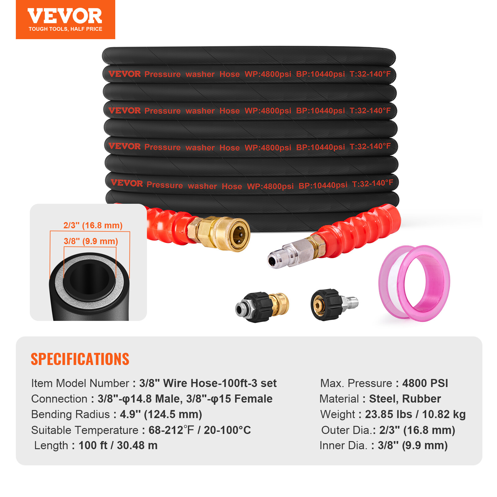 VEVOR 100FT 4800 PSI High Pressure Power Washer Hose 3/8" Quick Connection