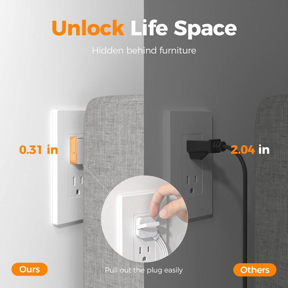 Flat Plug Extension Cord 5 Ft, Surge Protector Power Strip Ring Pull with 3 USB