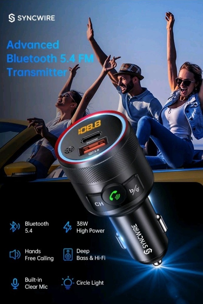 Syncwire Bluetooth 5.4 FM Transmitter For Car 38W PD & QC 3.0 Dual USB Black New