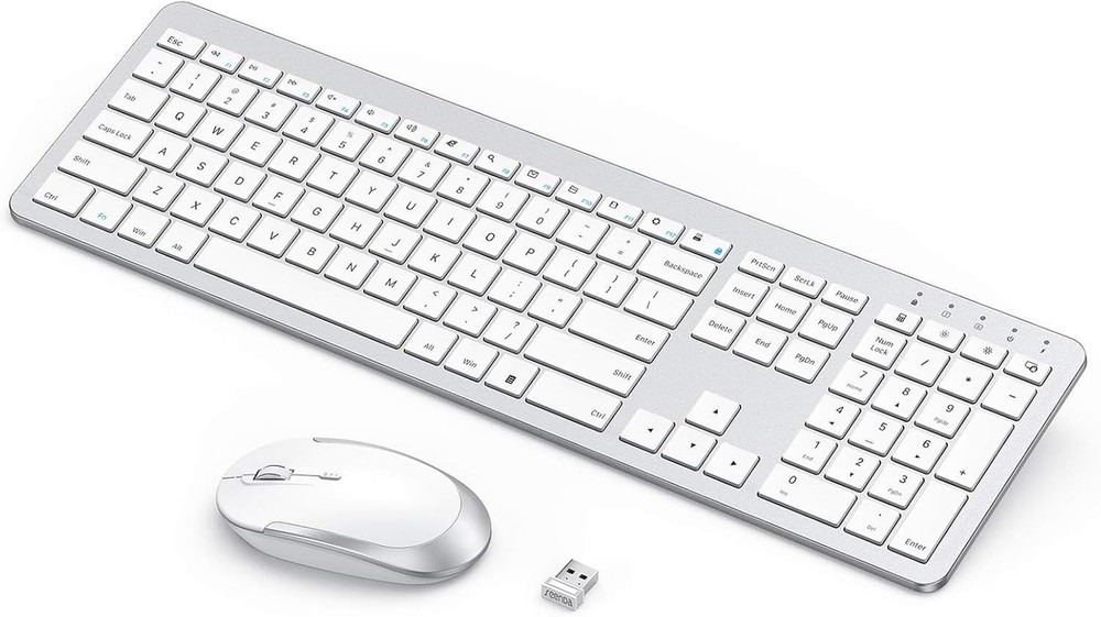 Rechargeable Full-Size Wireless Keyboard and Mouse - Modern Silver & White Combo
